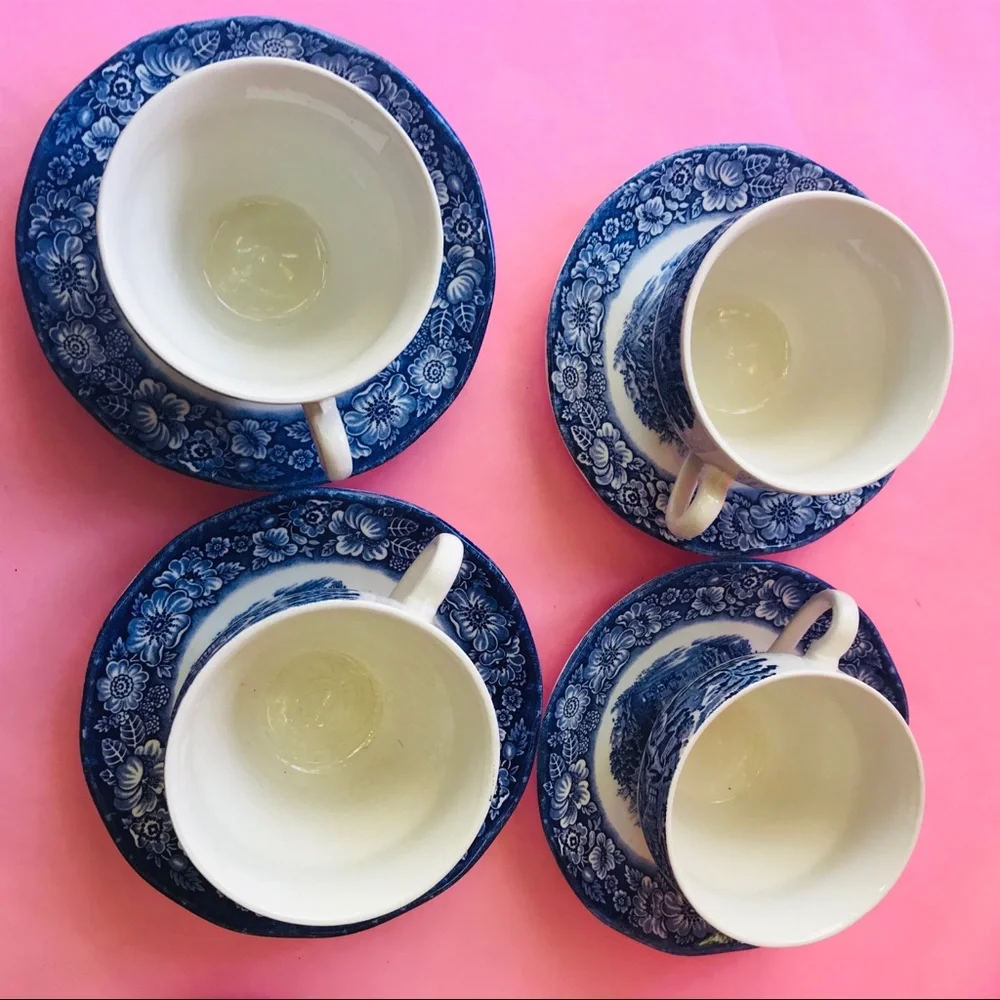 Vintage blue/white Liberty Blue fine china tea cup with saucer set of 4